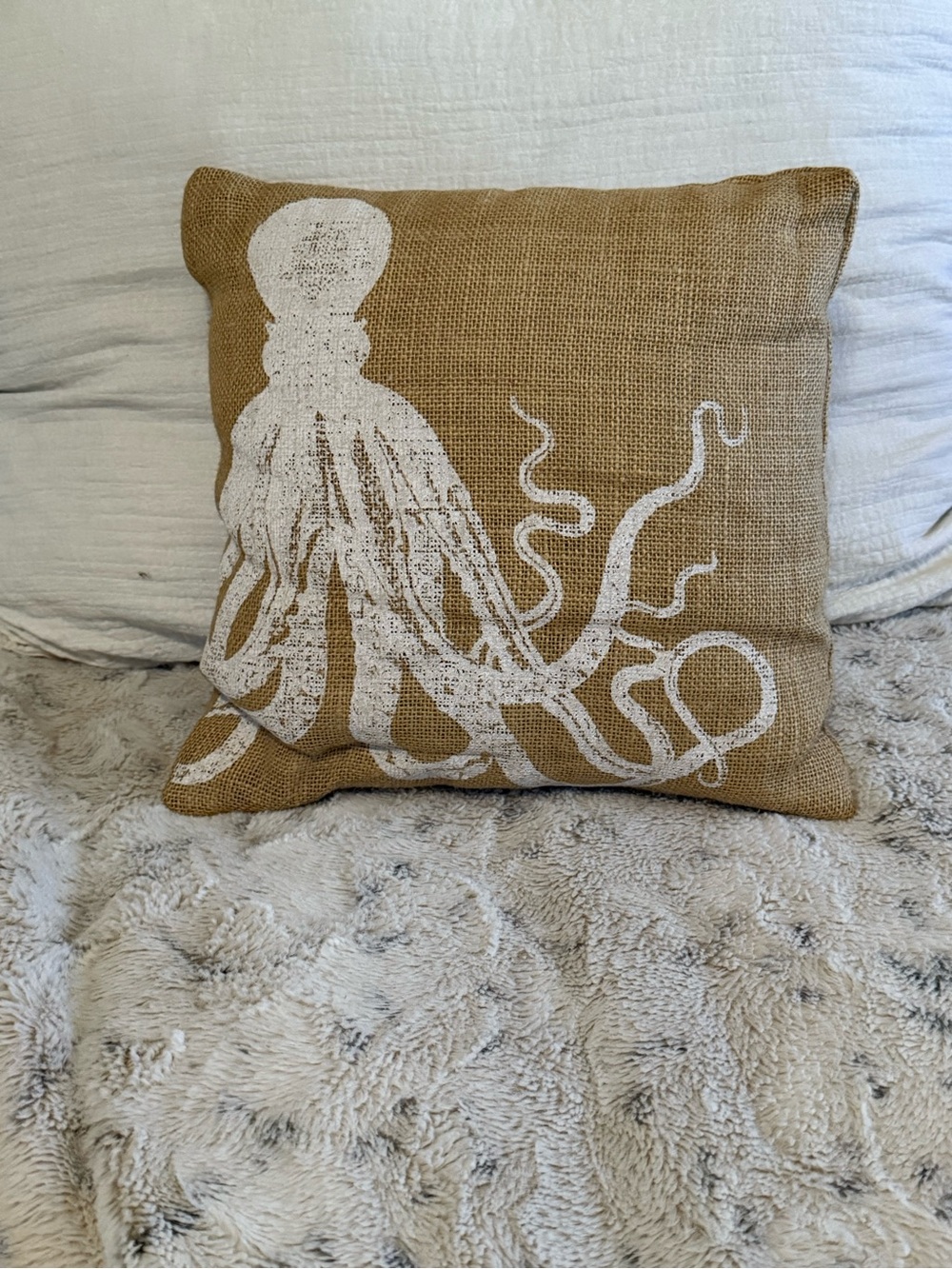 Mud Pie Octopus Neutral Burlap and Cream Plush Pillow